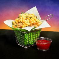 Mac & Cheese Fries · Traditional fresh cut fries topped with mac and cheese, and chopped parsley.