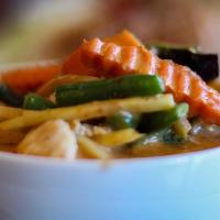 *27. Red Curry (Kang Dang) · Coconut milk, bamboo shoots, green beans, bell peppers, eggplant kaffir lime leaves, basil, ...