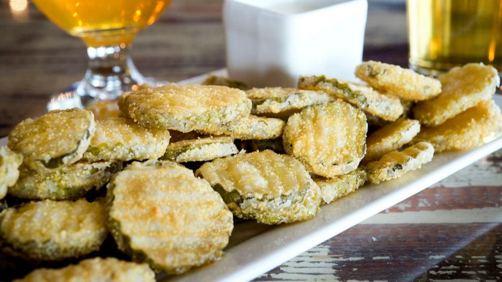 Fried Pickles · Vegetarian. Knotty favorites. Dill pickle chips, cornmeal flour, buttermilk ranch.