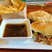Spicy Italian Beef · Braised Short Rib, Provolone Cheese, Spicy Giardiniera, Spicy Au Jus, Baguette, Fries