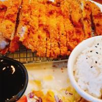 Chicken Katsu · Breaded chicken cutlet with katsu sauce. Served with rice, and salad.