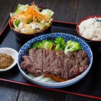 Ribeye Steak Teriyaki (8 Oz) · Ribeye steak grill on a bed of steamed zucchini, carrot, onion, and broccoli with house-made...