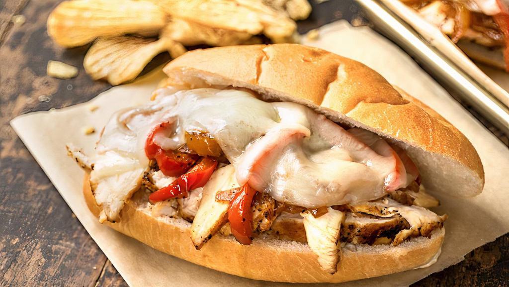 Philly Chicken Cheesesteak · Sliced chicken, melted cheese, grilled onions, roasted peppers, sauteed mushrooms, hoagie roll.