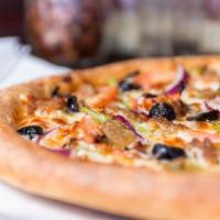Supreme Gluten Free Pizza · Tomato sauce, mozzarella, pepperoni, Italian sausage, fresh mushrooms, green peppers, and on...