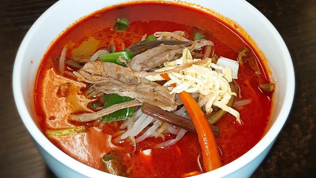 Spicy Shredded Beef Soup (육개장) · Comes with (1) rice and side dishes