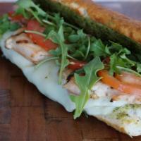 Chicken Pesto Sandwich · Grilled chicken breast, provolone, organic basil pesto sauce, mayo, roasted red peppers, rom...