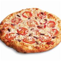 Greek Pizza · Mozzarella, feta, Roma tomatoes, Greek olives, red onions, oregano.