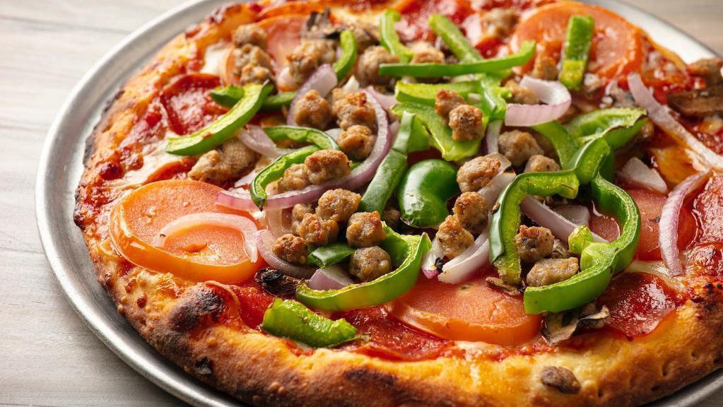 American · House-made marinara sauce, mozzarella, all-natural pepperoni, fennel sausage, roma tomatoes, roasted mushrooms, fresh bell peppers, roasted red onions.