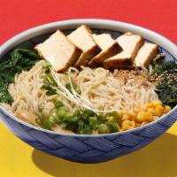 Vegetable Tofu Ramen · Miso broth with tofu, spinach, corn, bean sprouts, scallions, and nori.