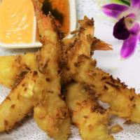 Coconut Shrimps (5 Pieces) · Coconut and tempura-battered, deep-fried shrimp. Served with plum and spicy mayo sauce.