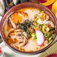 Japanese Ramen · Egg noodles in a tonkatsu broth with cabbage, bean sprouts, corn, marinated egg, sesame oil ...