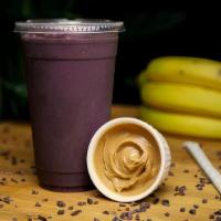 Wake Up Smoothies · Organic Acai with banana, cocoa nibs, peanut butter, and milk of your choice (24 oz ).