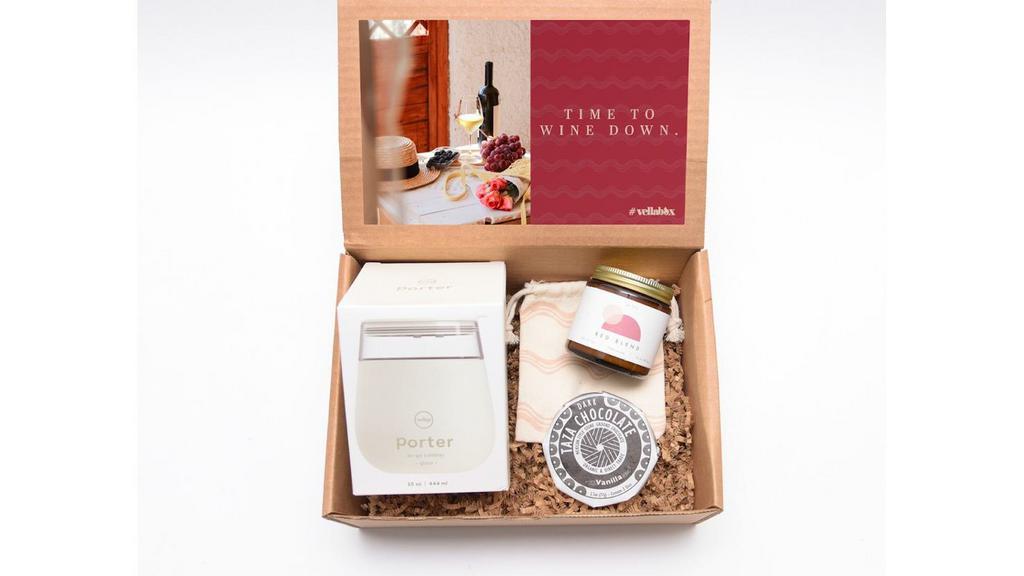 50% Off: Custom Gift Set From Vellabox · Turn an initial spark into an eternal flame with our limited edition custom gift box created exclusively for Doordash. Sealed & delivered with love in a decorative box that is sure to make your special someone's day brighter.

Includes:

(1) Vellabox red blend candle-  Full bodied, round, and rich with notes of blackberry, black cherry, and oak. 100% soy wax & clean ingredients with 50+ hours of burn

(1) W&P porter travel tumbler- Fill you glass half full and enjoy it anywhere life takes you. These packable, practical glasses provide a sophisticated way to sip drinks on-the-go, yet elegant enough to use at home. 15 oz, dishwasher & microwave safe, and BPA free.

(1) Taza Chocolate vanilla chocolate wheel-  Stone ground, organic dark chocolate discs with fragrant vanilla bean.  Two discs in each package, perfect for sharing, 50% dark, 2.5 oz. Ingredients: organic cacao beans, organic cane sugar, organic vanilla beans. Contains traces of almonds, cashews, coconut, hazelnuts and pecans.