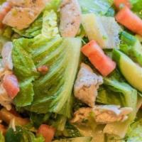 Lemon Garlic Chicken Salad · Romaine heart, chicken, tomatoes, cucumbers, and green onions, tossed with fresh squeezed le...