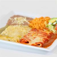 Enchiladas (4) Rice & Beans · Shredded beef, chicken or cheese. 3 enchiladas topped with lettuce, tomatoes, sour cream & a...