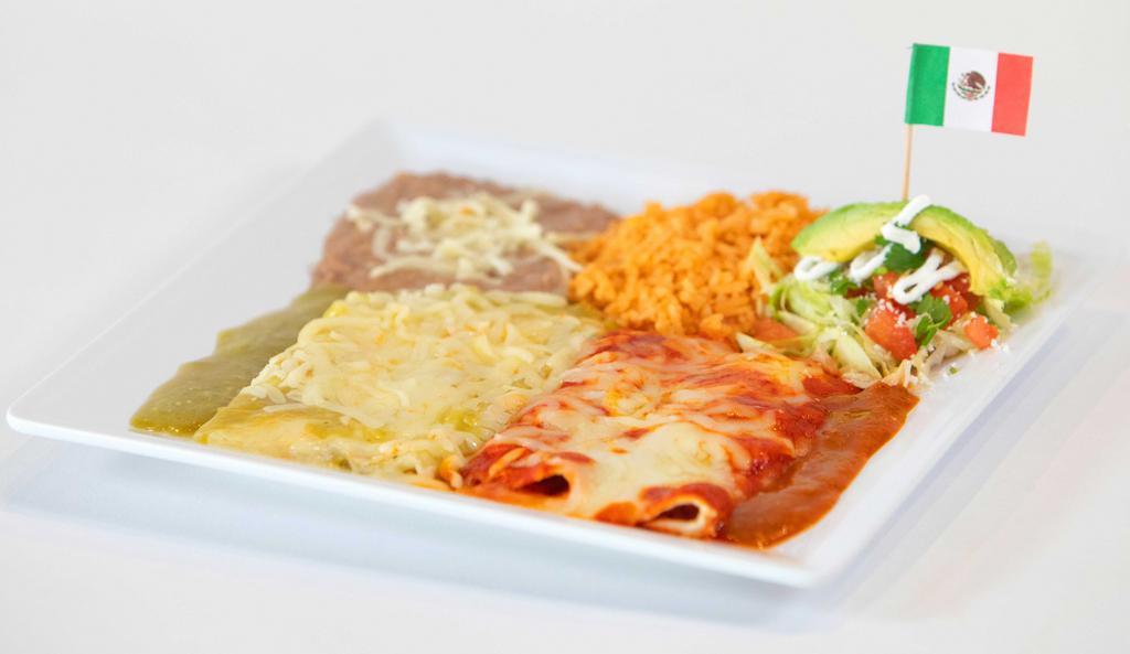 Enchiladas (4) Rice & Beans · Shredded beef, chicken or cheese. 3 enchiladas topped with lettuce, tomatoes, sour cream & avocado with rice & beans.