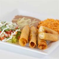 Flautas (4) Rice & Beans · Shredded beef, chicken or cheese. 4 flautas topped with lettuce, tomatoes, sour cream & avoc...
