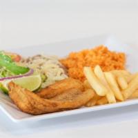 Filete De Pescado · Tilapia Fish filet served with rice and beans.