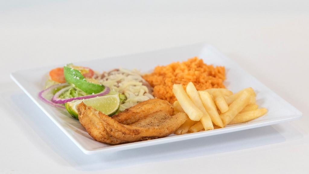 Filete De Pescado · Tilapia Fish filet served with rice and beans.