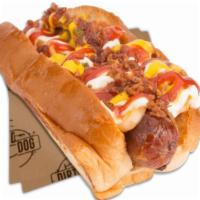 House Dog · 100% All Beef Dog Wrapped in Center Cut Bacon |

In The Bun: House Spread |

On The Dog: Oni...