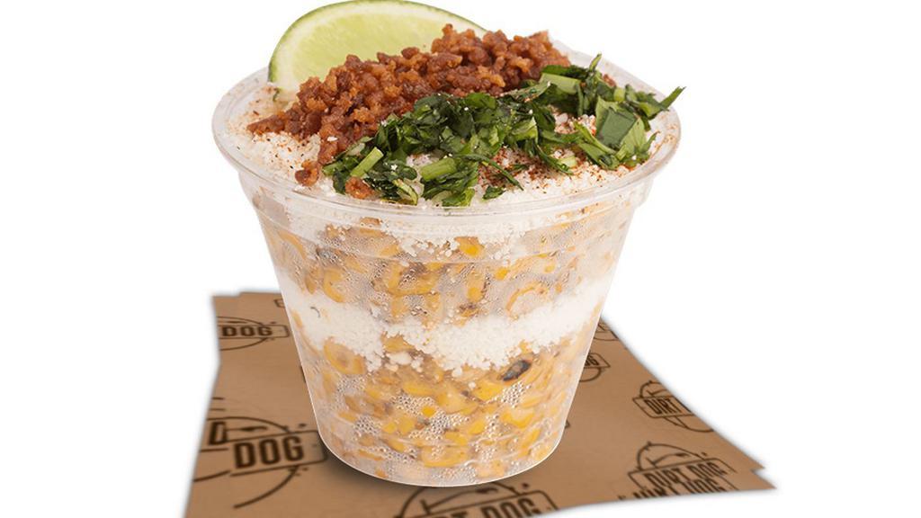 Dirty Esquite (Corn In A Cup) · Fresh Shucked Corn & Cut Off The Cobb | 

Topped: Lime Mayo, Chili Powder, Cotija Cheese, Cilantro, Bacon Bits & Lime Wedge
