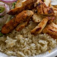 Chicken Gyro Plate · Chicken, rice, Greek salad, pita, garlic sauce.