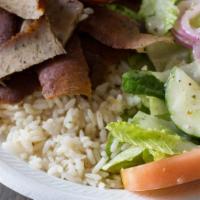 Beef & Lamb Gyro Plate · Gyro meat, rice, Greek salad, pita, tzatziki sauce.