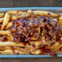 Bbq Chicken Fries · Pulled BBQ Chicken, BBQ Sauce, Cheddar Cheese