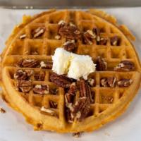 Pecan  Waffle · Our from scratch Pecan Waffle is loaded with pecans. It is crisp and golden on the outside a...