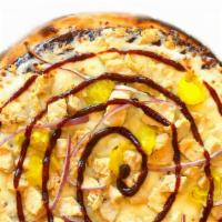 Bbq Chicken Pizza · BBQ Chicken, BBQ Sauce, Pepperoncini, Red Onion, and Mozzarella on a 14