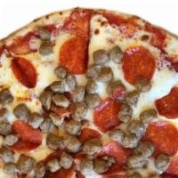3 Meat Pizza · Marinara, Mozzarella, Pepperoni, Pork Sausage, and Ground Beef on a 14