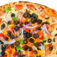 Veggie Pizza · Marinara, Mozzarella, Mushrooms, Tomatoes, Bell Peppers, Red Onions, and Olives on a 14