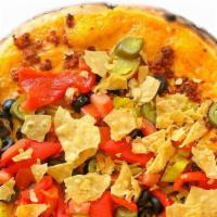 Vegan Nacho Pizza · Vegan Cheddar Cheese, Soyrizo, Black Olives, Pepperoncini, Jalapenos, Diced Tomatoes, Roaste...