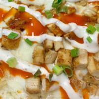 Buffalo Chicken · Grilled chicken, mozzarella, green onion and a drizzle of ranch and buffalo sauce