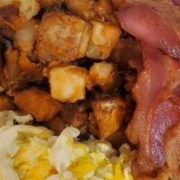 Bacon Breakfast Bowl · Homestyle potatoes, topped with bacon, with 2 eggs (any style).