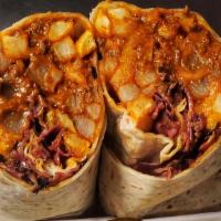 Chili Pastrami Burrito · Homestyle potatoes, chili,  savory pastrami meat, scrambled eggs and cheddar cheese, wrapped...