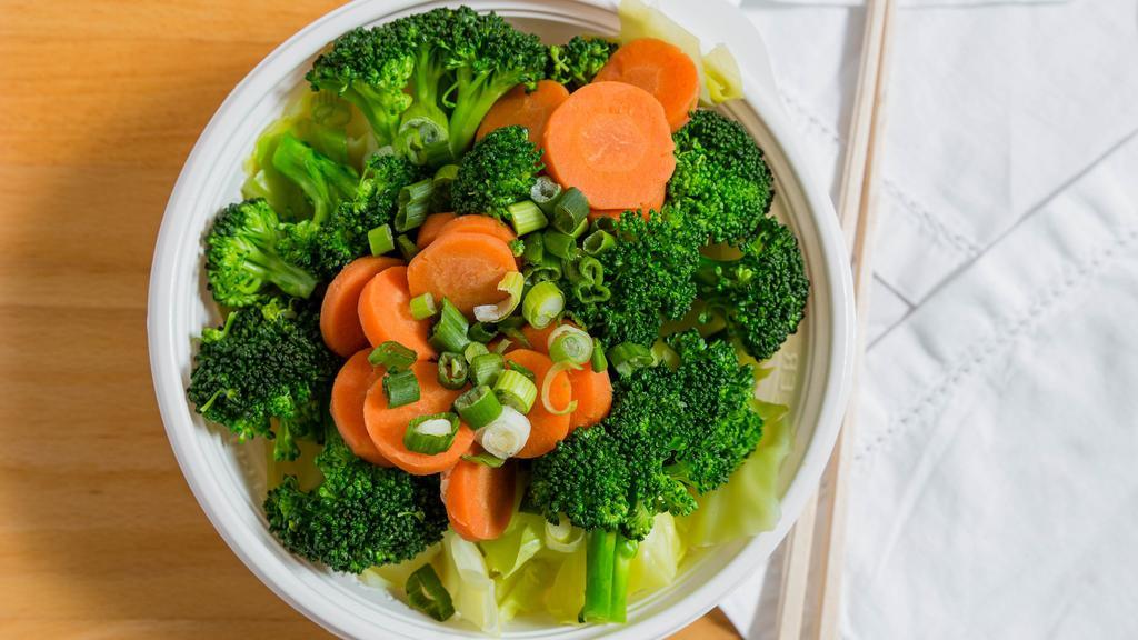 Veggie Bowl · Favorite. Loads of cabbage, broccoli and carrots with your choice or rice in a regular bowl.