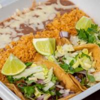 3 Rico Tacos With Beans & Rice · Meat, lettuce, cilantro, onion & salsa.