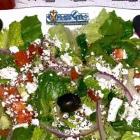 Greek Salad · Romaine lettuce, onion, tomato, cucumber, kalamata olives, feta cheese with Greek vinaigrett...
