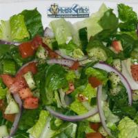 House Salad · Gluten-free. Lettuce, onion, tomato, cucumber with Greek vinaigrette dressing.
