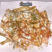 Greek Fries · French fries topped with tzatziki, feta cheese, and herbs.