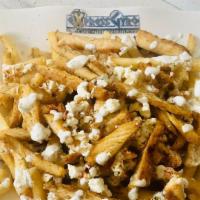 Chicken Loaded Fries · French fries and topped with chicken. tzatziki, feta cheese, and herbs.