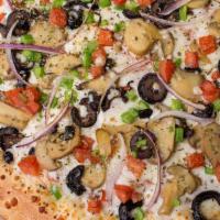 Veggie · Mushrooms, green peppers, black olives, tomatoes, onions.