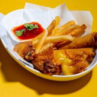 Classic Thai Appetizer Platter · Thai Chicken wings  3pcs, Egg rolls 2 pcs, Cheese wonton 4pcs and French fried.