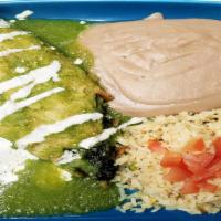 1 Vegan Chile Relleno Plate  · vegan chicken chile relleno wrap with corn 
served with ricer and beans on the side.