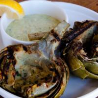 Grilled Artichokes · Served with roasted garlic basil aioli.
