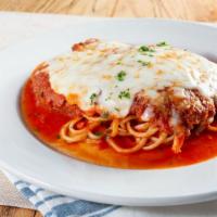 Chicken Parmesan · Breaded and pan fried chicken cutlet with choice of housemade marinara or Sunday sauce with ...