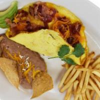 Bacon Omelette · Served with beans and french fries.