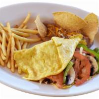Veggie Omelette · Served with beans and French fries.