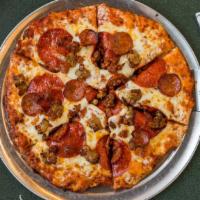 Ulti-Meat™ (Personal - 4 Slices) · 160 -220 cal/ slice.Primo pepperoni, linguiça, bacen and Italian sausage on zesty red sauce.
